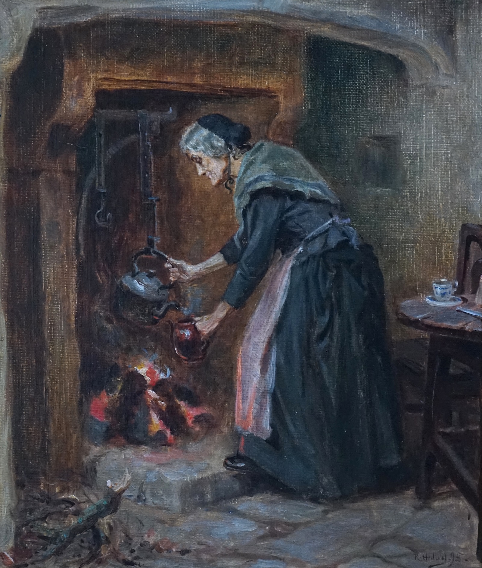 Ralph Hedley (British, 1851-1913), Interior with old woman at the hearth, oil on canvas, 35 x 30cm